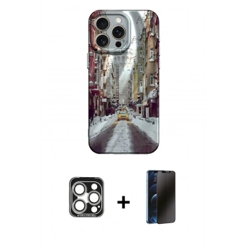 MARSİLYAN™- iPhone 15 Pro Max Kılıf Nova Doku Prime - Siyah 3D Antistatik Hayalet Cam Ekran Koruyucu + PVD Metal Kamera Lens - GS