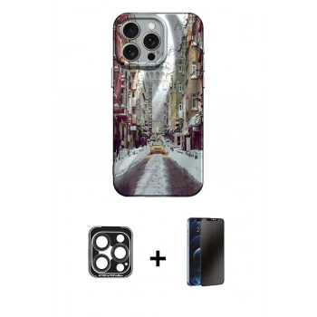 MARSİLYAN™- iPhone 15 Pro Max Kılıf Nova Doku Prime - Siyah 3D Antistatik Hayalet Cam Ekran Koruyucu + PVD Metal Kamera Lens - LT