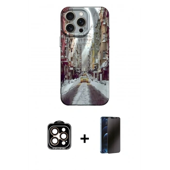 MARSİLYAN™- iPhone 15 Pro Max Kılıf Nova Doku Prime - Siyah 3D Antistatik Hayalet Cam Ekran Koruyucu + PVD Metal Kamera Lens - TU