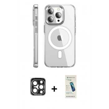 MARSİLYAN™- iPhone 15 Pro Max Kılıf Nova Doku - Şeffaf Pasifik Cam Ekran Koruyucu + PVD Metal Kamera Lens - LT