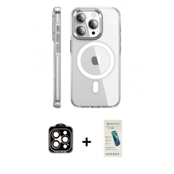 MARSİLYAN™- iPhone 15 Pro Max Kılıf Nova Doku - Şeffaf Pasifik Cam Ekran Koruyucu + PVD Metal Kamera Lens - TU