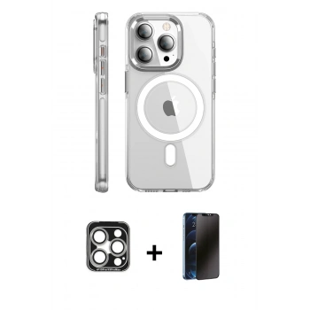 MARSİLYAN™- iPhone 15 Pro Max Kılıf Nova Doku - Siyah 3D Antistatik Hayalet Cam Ekran Koruyucu + PVD Metal Kamera Lens - GS