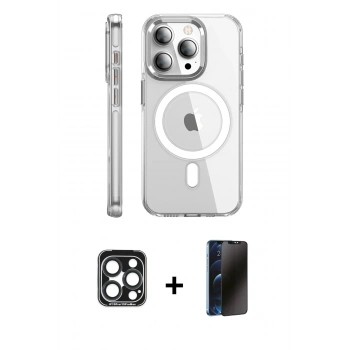 MARSİLYAN™- iPhone 15 Pro Max Kılıf Nova Doku - Siyah 3D Antistatik Hayalet Cam Ekran Koruyucu + PVD Metal Kamera Lens - LT