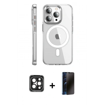 MARSİLYAN™- iPhone 15 Pro Max Kılıf Nova Doku - Siyah 3D Antistatik Hayalet Cam Ekran Koruyucu + PVD Metal Kamera Lens - SH