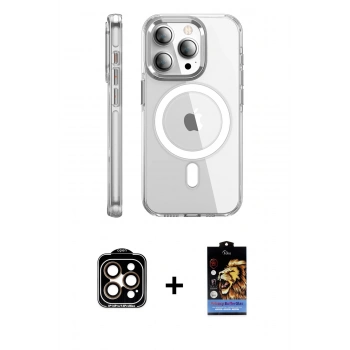 MARSİLYAN™- iPhone 15 Pro Max Kılıf Nova Doku - Siyah Buffer Hayalet Cam Ekran Koruyucu + PVD Metal Kamera Lens - TU
