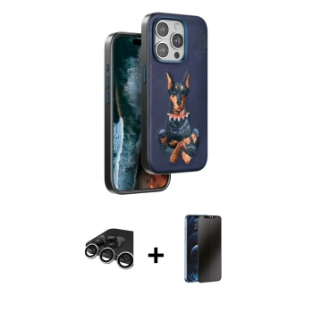 MARSİLYAN™- iPhone 15 Pro Max Kılıf Nova Form Koleksiyonu - Siyah 3D Antistatik Hayalet Cam Ekran Koruyucu + Raze Metal Kamera Lens - GS