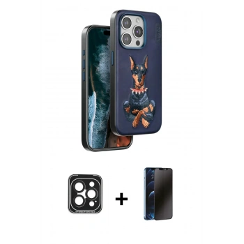 MARSİLYAN™- iPhone 15 Pro Max Kılıf Nova Form Koleksiyonu - Siyah 3D Antistatik Hayalet Cam Ekran Koruyucu + PVD Metal Kamera Lens - SH