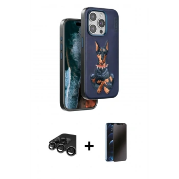 MARSİLYAN™- iPhone 15 Pro Max Kılıf Nova Form Koleksiyonu - Siyah 3D Antistatik Hayalet Cam Ekran Koruyucu + Raze Metal Kamera Lens - TMGI
