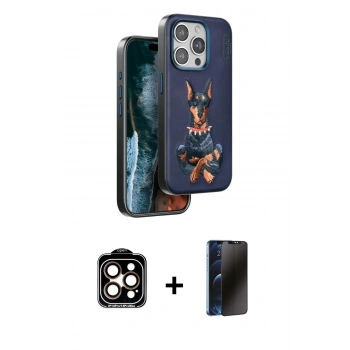 MARSİLYAN™- iPhone 15 Pro Max Kılıf Nova Form Koleksiyonu - Siyah 3D Antistatik Hayalet Cam Ekran Koruyucu + PVD Metal Kamera Lens - TU
