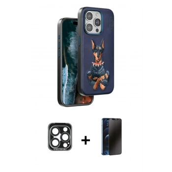 MARSİLYAN™- iPhone 15 Pro Max Kılıf Nova Form Koleksiyonu - Siyah 3D Antistatik Hayalet Cam Ekran Koruyucu + PVD Metal Kamera Lens - LT