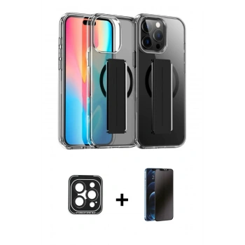 MARSİLYAN™- iPhone 15 Pro Max Kılıf Nova Işık Koleksiyonu - Siyah 3D Antistatik Hayalet Cam Ekran Koruyucu + PVD Metal Kamera Lens - SH