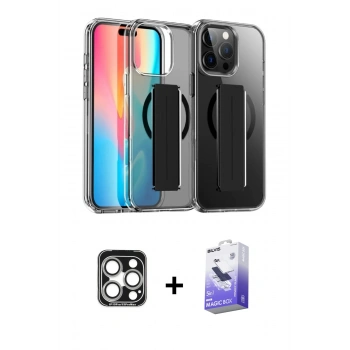 MARSİLYAN™- iPhone 15 Pro Max Kılıf Nova Işık Koleksiyonu - Siyah Bilvis 5in1 5D Magic Hayalet Cam Ekran Koruyucu + PVD Metal Kamera Lens - GS