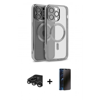 MARSİLYAN™- iPhone 15 Pro Max Kılıf Nova Işık Özel Seri - Siyah 3D Antistatik Hayalet Cam Ekran Koruyucu + Raze Metal Kamera Lens - TMGI