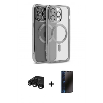 MARSİLYAN™- iPhone 15 Pro Max Kılıf Nova Işık Özel Seri - Siyah 3D Antistatik Hayalet Cam Ekran Koruyucu + Raze Metal Kamera Lens - SH
