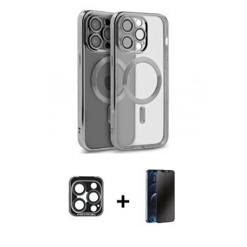 MARSİLYAN™- iPhone 15 Pro Max Kılıf Nova Işık Özel Seri - Siyah 3D Antistatik Hayalet Cam Ekran Koruyucu + PVD Metal Kamera Lens - LT
