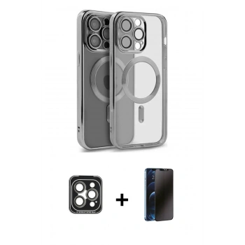 MARSİLYAN™- iPhone 15 Pro Max Kılıf Nova Işık Özel Seri - Siyah 3D Antistatik Hayalet Cam Ekran Koruyucu + PVD Metal Kamera Lens - GI