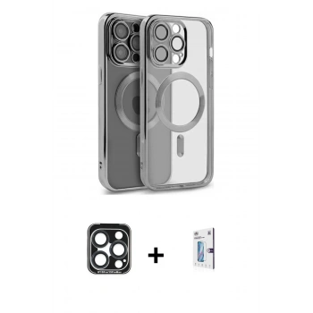 MARSİLYAN™- iPhone 15 Pro Max Kılıf Nova Işık Özel Seri - Siyah Bilvis 0.18mm Plus Cam Ekran Koruyucu + PVD Metal Kamera Lens - LT