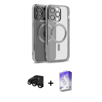 MARSİLYAN™- iPhone 15 Pro Max Kılıf Nova Işık Özel Seri - Siyah Bilvis 5in1 3D Magic Cam Ekran Koruyucu + Raze Metal Kamera Lens - SH