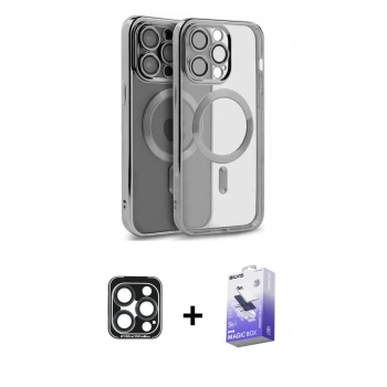 MARSİLYAN™- iPhone 15 Pro Max Kılıf Nova Işık Özel Seri - Siyah Bilvis 5in1 5D Magic Hayalet Cam Ekran Koruyucu + PVD Metal Kamera Lens - LT