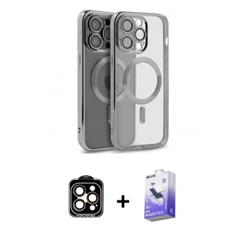 MARSİLYAN™- iPhone 15 Pro Max Kılıf Nova Işık Özel Seri - Siyah Bilvis 5in1 5D Magic Hayalet Cam Ekran Koruyucu + PVD Metal Kamera Lens - TU