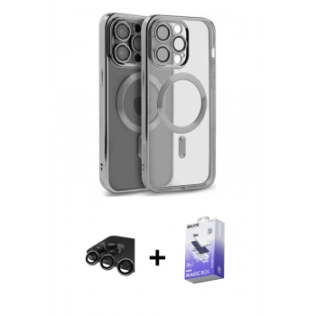 MARSİLYAN™- iPhone 15 Pro Max Kılıf Nova Işık Özel Seri - Siyah Bilvis 5in1 5D Magic Hayalet Cam Ekran Koruyucu + Raze Metal Kamera Lens - TMGI