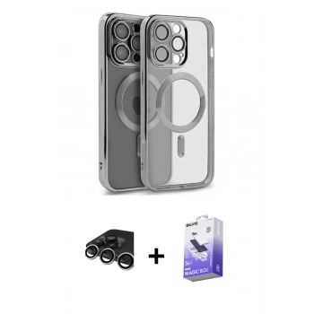 MARSİLYAN™- iPhone 15 Pro Max Kılıf Nova Işık Özel Seri - Siyah Bilvis 5in1 5D Magic Hayalet Cam Ekran Koruyucu + Raze Metal Kamera Lens - GS
