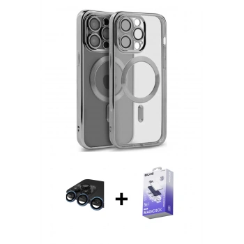 MARSİLYAN™- iPhone 15 Pro Max Kılıf Nova Işık Özel Seri - Siyah Bilvis 5in1 5D Magic Hayalet Cam Ekran Koruyucu + Raze Metal Kamera Lens - LT