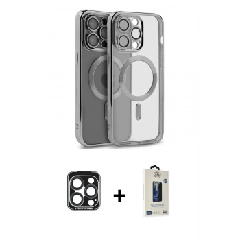 MARSİLYAN™- iPhone 15 Pro Max Kılıf Nova Işık Özel Seri - Siyah Bilvis Hayalet Cam Ekran Koruyucu + PVD Metal Kamera Lens - LT