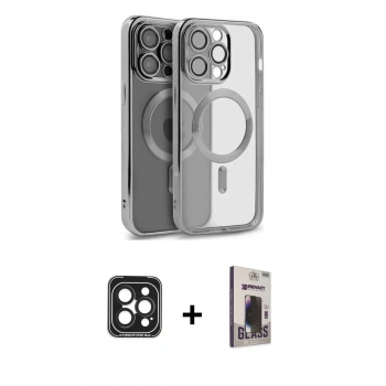 MARSİLYAN™- iPhone 15 Pro Max Kılıf Nova Işık Özel Seri - Siyah Bilvis Hayalet Cam Ekran Koruyucu + PVD Metal Kamera Lens - SH