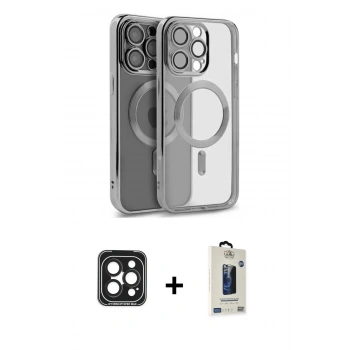 MARSİLYAN™- iPhone 15 Pro Max Kılıf Nova Işık Özel Seri - Siyah Bilvis Hayalet Cam Ekran Koruyucu + PVD Metal Kamera Lens - SH