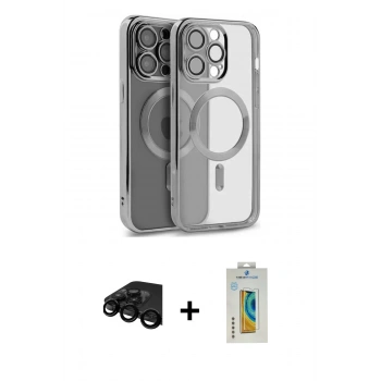 MARSİLYAN™- iPhone 15 Pro Max Kılıf Nova Işık Özel Seri - Siyah Polymer Nano Ekran Koruyucu + Raze Metal Kamera Lens - SH