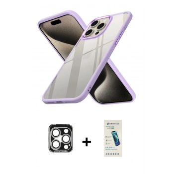 MARSİLYAN™- iPhone 15 Pro Max Kılıf Nova Işık Serisi - Şeffaf Pasifik Cam Ekran Koruyucu + PVD Metal Kamera Lens - GS