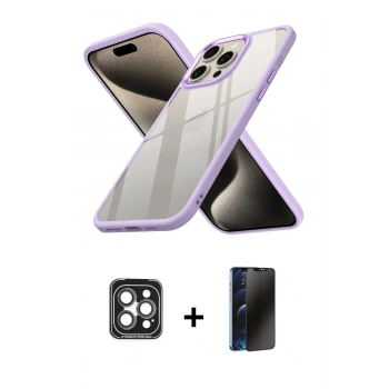 MARSİLYAN™- iPhone 15 Pro Max Kılıf Nova Işık Serisi - Siyah 3D Antistatik Hayalet Cam Ekran Koruyucu + PVD Metal Kamera Lens - GI