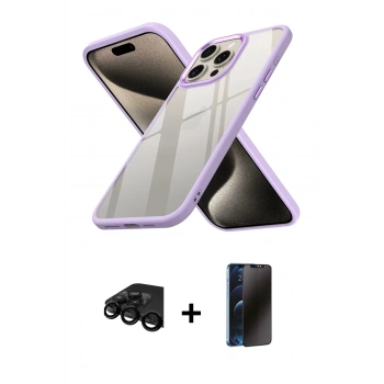 MARSİLYAN™- iPhone 15 Pro Max Kılıf Nova Işık Serisi - Siyah 3D Antistatik Hayalet Cam Ekran Koruyucu + Raze Metal Kamera Lens - SH