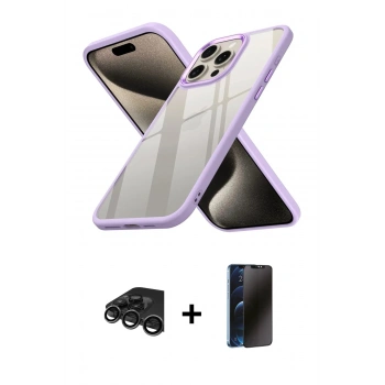 MARSİLYAN™- iPhone 15 Pro Max Kılıf Nova Işık Serisi - Siyah 3D Antistatik Hayalet Cam Ekran Koruyucu + Raze Metal Kamera Lens - TMGI