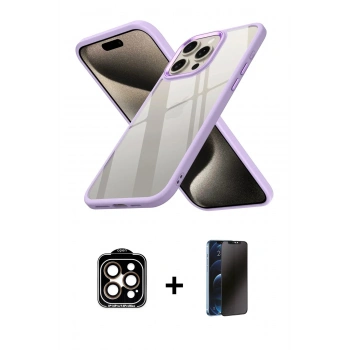 MARSİLYAN™- iPhone 15 Pro Max Kılıf Nova Işık Serisi - Siyah 3D Antistatik Hayalet Cam Ekran Koruyucu + PVD Metal Kamera Lens - TU