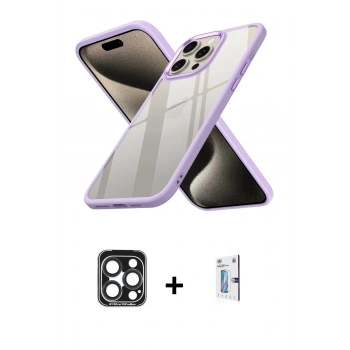MARSİLYAN™- iPhone 15 Pro Max Kılıf Nova Işık Serisi - Siyah Bilvis 0.18mm Plus Cam Ekran Koruyucu + PVD Metal Kamera Lens - LT