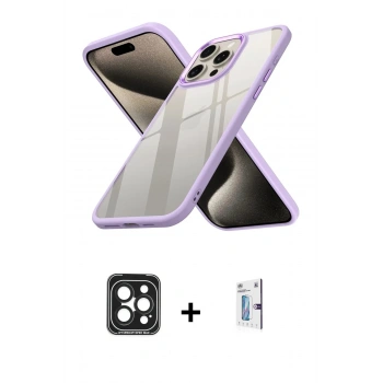 MARSİLYAN™- iPhone 15 Pro Max Kılıf Nova Işık Serisi - Siyah Bilvis 0.18mm Plus Cam Ekran Koruyucu + PVD Metal Kamera Lens - SH