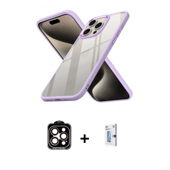 MARSİLYAN™- iPhone 15 Pro Max Kılıf Nova Işık Serisi - Siyah Bilvis 0.18mm Plus Cam Ekran Koruyucu + PVD Metal Kamera Lens - TU