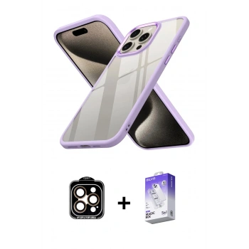 MARSİLYAN™- iPhone 15 Pro Max Kılıf Nova Işık Serisi - Siyah Bilvis 5in1 3D Magic Cam Ekran Koruyucu + PVD Metal Kamera Lens - TU