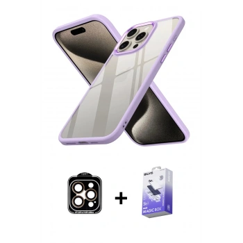 MARSİLYAN™- iPhone 15 Pro Max Kılıf Nova Işık Serisi - Siyah Bilvis 5in1 5D Magic Hayalet Cam Ekran Koruyucu + PVD Metal Kamera Lens - TU