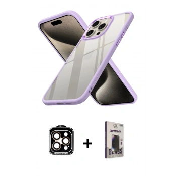 MARSİLYAN™- iPhone 15 Pro Max Kılıf Nova Işık Serisi - Siyah Bilvis Hayalet Cam Ekran Koruyucu + PVD Metal Kamera Lens - TU