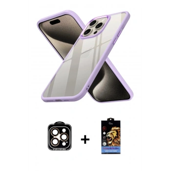 MARSİLYAN™- iPhone 15 Pro Max Kılıf Nova Işık Serisi - Siyah Buffer Hayalet Cam Ekran Koruyucu + PVD Metal Kamera Lens - TU