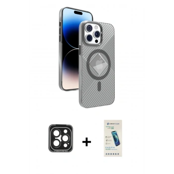 MARSİLYAN™- iPhone 15 Pro Max Kılıf Nova Modern Prime - Şeffaf Pasifik Cam Ekran Koruyucu + PVD Metal Kamera Lens - SH