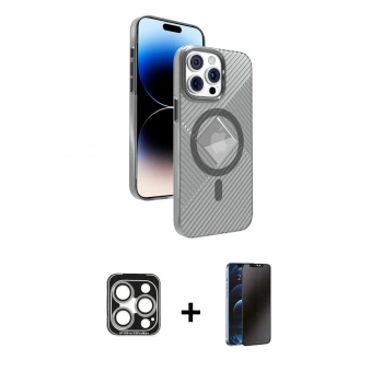 MARSİLYAN™- iPhone 15 Pro Max Kılıf Nova Modern Prime - Siyah 3D Antistatik Hayalet Cam Ekran Koruyucu + PVD Metal Kamera Lens - GS