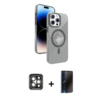 MARSİLYAN™- iPhone 15 Pro Max Kılıf Nova Modern Prime - Siyah 3D Antistatik Hayalet Cam Ekran Koruyucu + PVD Metal Kamera Lens - GI