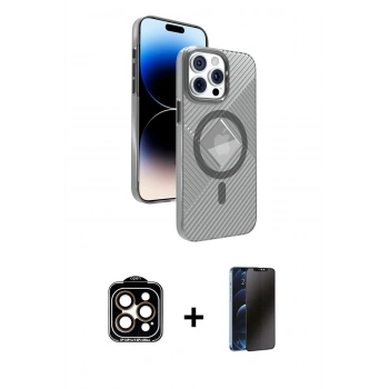 MARSİLYAN™- iPhone 15 Pro Max Kılıf Nova Modern Prime - Siyah 3D Antistatik Hayalet Cam Ekran Koruyucu + PVD Metal Kamera Lens - TU