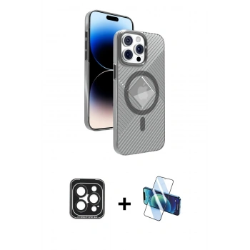 MARSİLYAN™- iPhone 15 Pro Max Kılıf Nova Modern Prime - Siyah 3D Antistatik Seramik Nano Ekran Koruyucu + PVD Metal Kamera Lens - SH