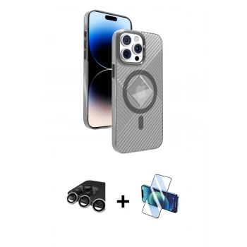 MARSİLYAN™- iPhone 15 Pro Max Kılıf Nova Modern Prime - Siyah 3D Antistatik Seramik Nano Ekran Koruyucu + Raze Metal Kamera Lens - GS