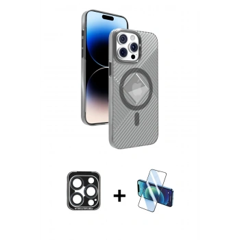 MARSİLYAN™- iPhone 15 Pro Max Kılıf Nova Modern Prime - Siyah 3D Antistatik Seramik Nano Ekran Koruyucu + PVD Metal Kamera Lens - LT